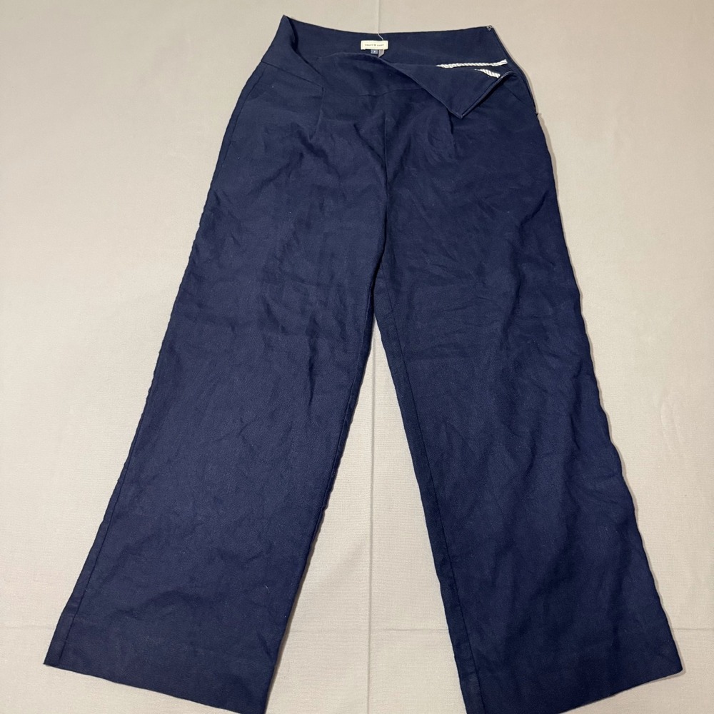 Court & Rowe Cropped Pants Womens 2 Navy Blue Linen Side Zip High Rise Wide Leg